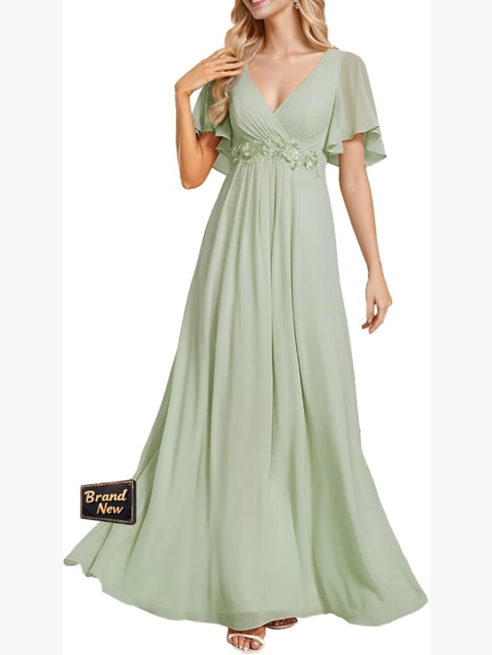 Short Sleeve V-Neck Chiffon A-Line Formal Maxi Dress
